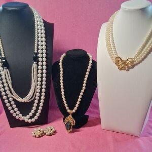 Lot of Beautiful Pearl Necklaces and Pearl Clip Earrings